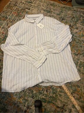 Striped Linen Blend Dress Shirt - White with Blue Stripes